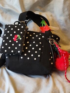 Madden Girl Black Polka Dot Crossbody Bag with Cherry Accent Bnwt EL